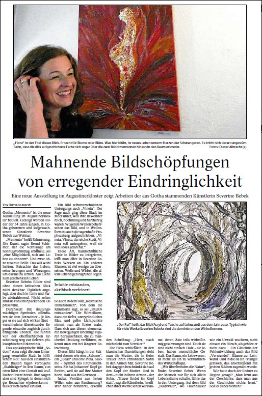 Pressemittelung der Thüringer Allgemeinen vom 07.08.2017 zur Ausstellung von Severine Bebek in Gotha